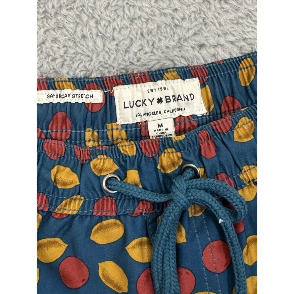 Lucky Brand Mens Saturday Stretch Swim Trunks Teal Fruit Lemon Cherry Print M